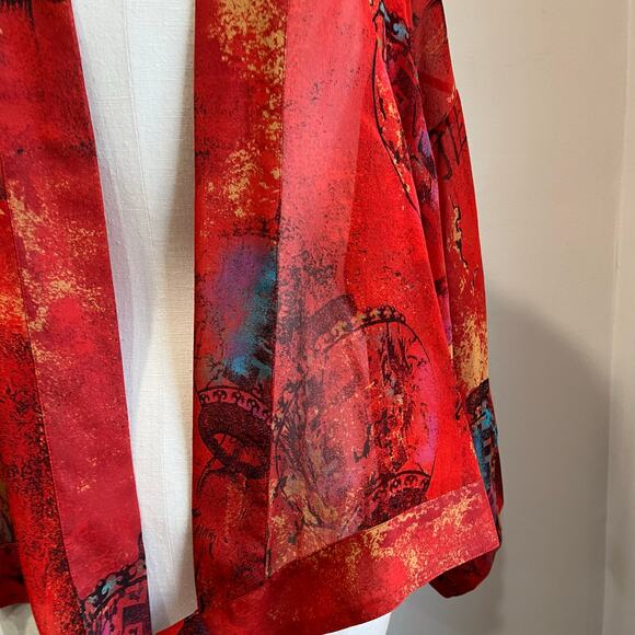 Chico’s 100% Silk Front Tie Kimono Jacket Size 2 L/12 NWT Boho Art Print - Picture 5 of 8